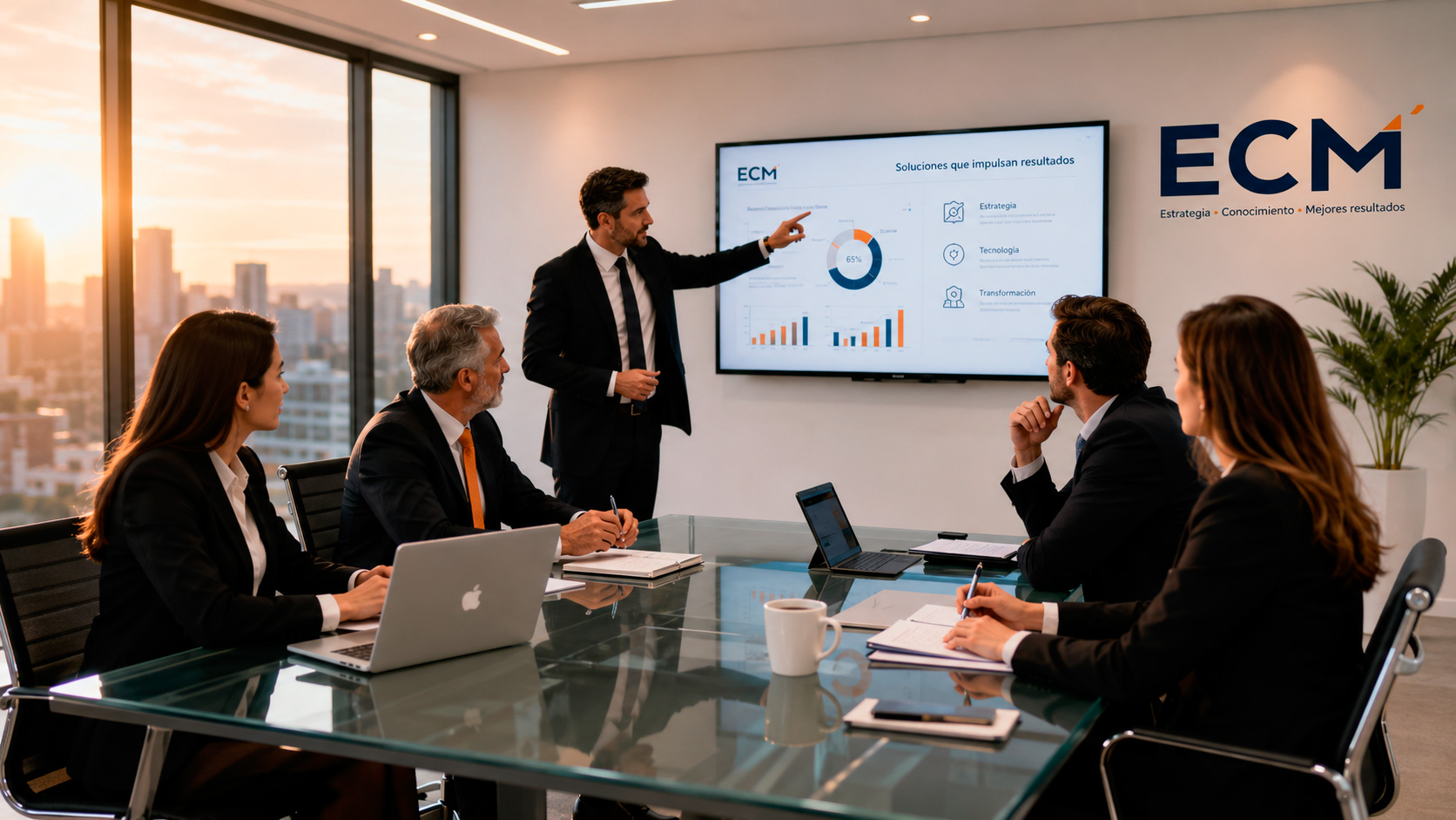 DESCRIPCIÓN PARA IA: Imagen profesional de un equipo de ejecutivos empresariales en traje formal discutiendo estrategia en una sala de junta moderna con escritorio de vidrio y madera, paredes gris claro, ventanas amplias que permiten luz natural, en el escritorio hay laptop, tablet y documentos organizados, la atmósfera es corporativa, profesional, moderna. Los ejecutivos están de pie alrededor del escritorio con expresiones concentradas y analíticas, mostrando trabajo colaborativo. Paleta de colores: grises, azul marino sutilmente en accesorios, blanco. La imagen debe transmitir confianza, profesionalismo, expertise y modernidad empresarial. Proporción: 16:9, resolución HD.