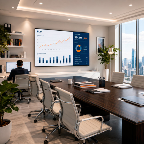 DESCRIPCIÓN PARA IA: Oficina moderna de consultores, vista interior de una sala de consultoría con mesa de reuniones rectangular de madera oscura, sillas ergonómicas grises, pantalla LED grande en pared mostrando gráficos y análisis en azul marino y naranja, estanterías con libros y documentos organizados, plantas verdes en macetas blancas, iluminación LED moderna en techo, ventanas grandes con vista a ciudad, piso laminado gris claro, decoración minimalista corporativa. La atmósfera debe ser de profesionalismo, modernidad, orden y confianza. La imagen transmite expertise y modernidad. Proporción: cuadrada o 4:3, resolución HD.