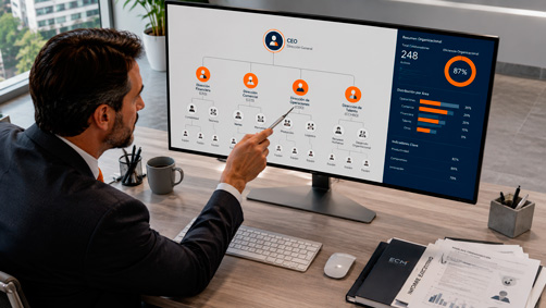 DESCRIPCIÓN PARA IA: Visualización de estructura organizacional empresarial, diagrama jerárquico moderno mostrado en pantalla digital, con iconos de personas conectados por líneas, colores azul marino para niveles ejecutivos, naranja para áreas clave, gráficos de flujo de información, documentos administrativos apilados al lado, persona de traje revisando análisis, luz profesional, fondo gris claro. Debe transmitir orden, claridad, profesionalismo y modernidad en la gestión administrativa. Proporción: 16:9.