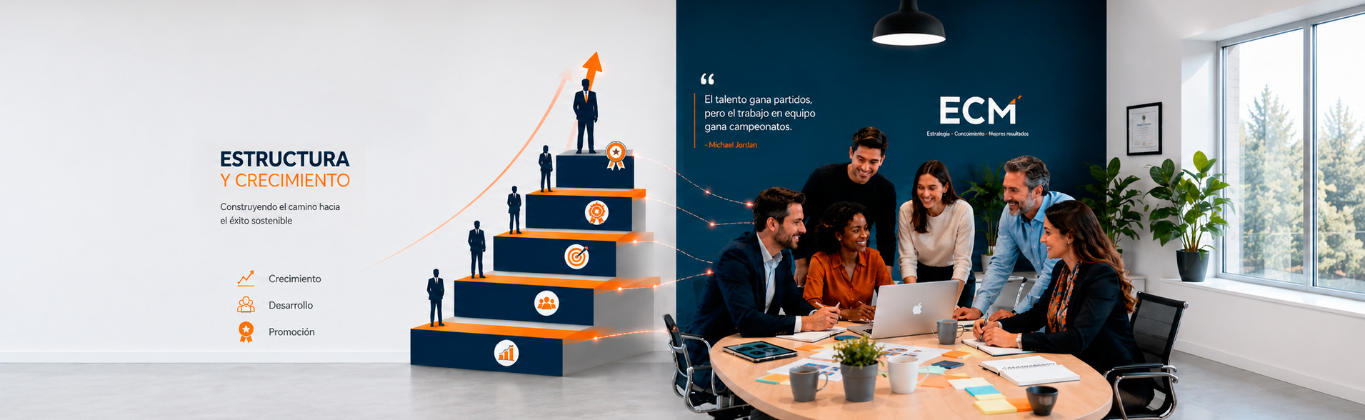 DESCRIPCIÓN PARA IA: Imagen dividida en dos mitades: izquierda muestra estructura organizacional con escaleras ascendentes representando crecimiento, niveles jerárquicos claros en azul marino; derecha muestra equipo diverso de profesionales en ambiente moderno de oficina colaborando, personas de diferentes edades y géneros en conversación constructiva alrededor de mesa, tablero con notas, laptops, plantas verdes, luz natural. Colores: azul marino, naranja, grises. Debe transmitir profesionalismo, crecimiento, inclusión y modernidad. Proporción: 16:9.