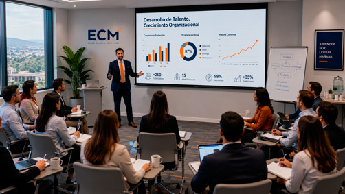 DESCRIPCIÓN PARA IA: Escena de capacitación empresarial y gestión de talento, instructor o consultor en traje frente a grupo de 8-10 profesionales en anfiteatro o sala de capacitación moderna, proyección en pantalla grande mostrando gráficos y contenido en azul marino y naranja, participantes tomando notas, ambiente interactivo y colaborativo, pizarra inteligente con información, café y materiales de aprendizaje sobre mesas, luz natural abundante, ambiente moderno corporativo. Debe transmitir aprendizaje, profesionalismo, modernidad y desarrollo. Proporción: 16:9.